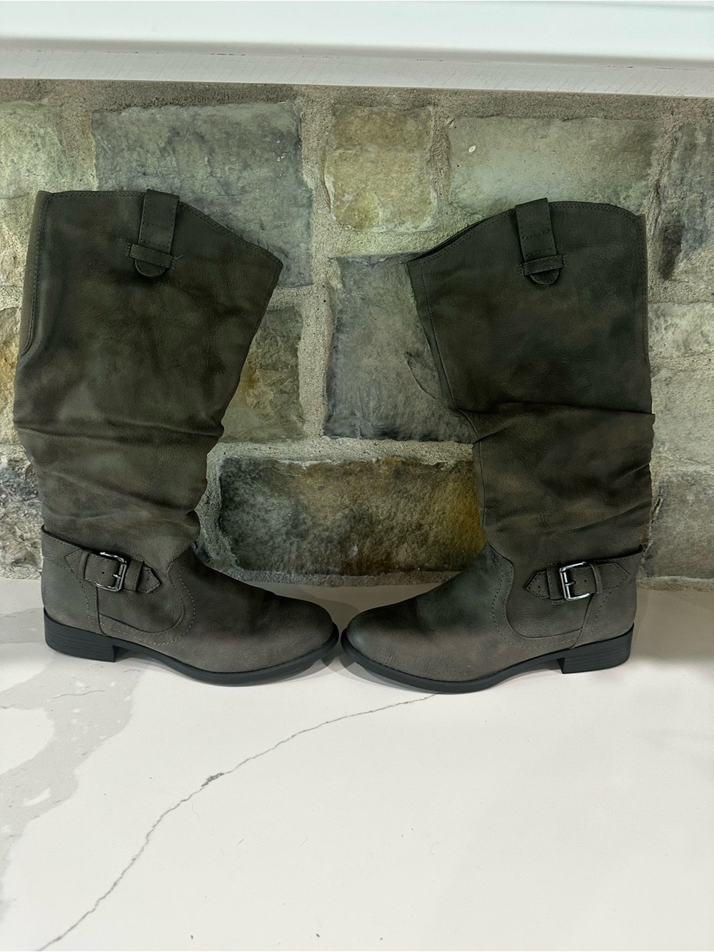 gray slouchy riding boots with buckle details size 8.5